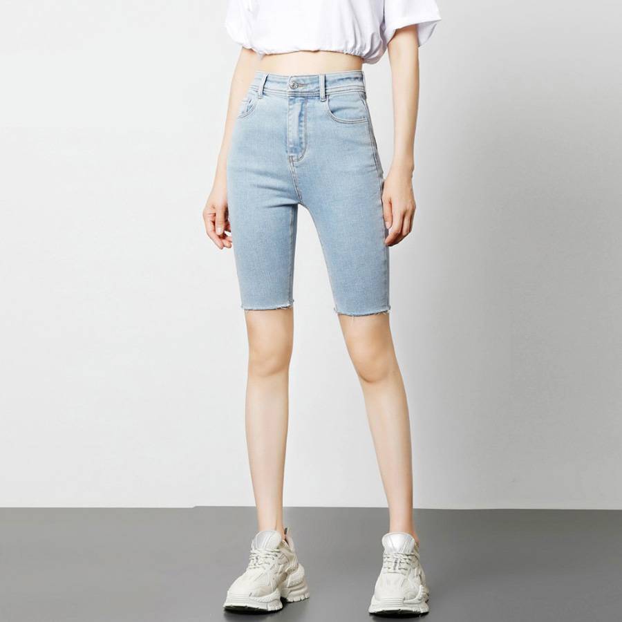 Knee-Length Blue Stretch Denim Shorts Knee-Length Blue Stretch Denim Shorts