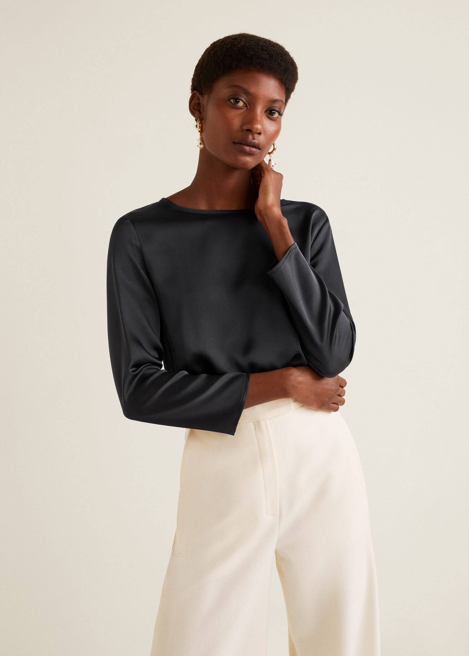 Long Sleeve Black Satin Front Spandex Back T-Shirt Long Sleeve Black Satin Front Spandex Back T-Shirt